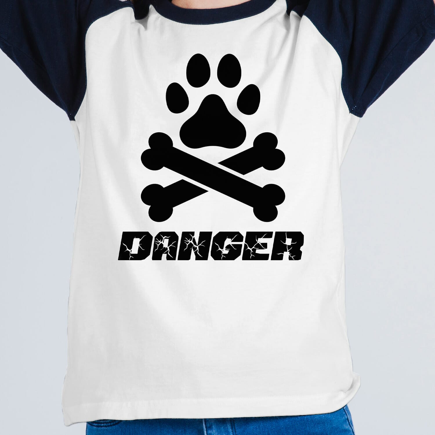 Dog Paw and Bones Danger Sign t shirt design For DTG, DTF, White Toner and Sublimation Printing.