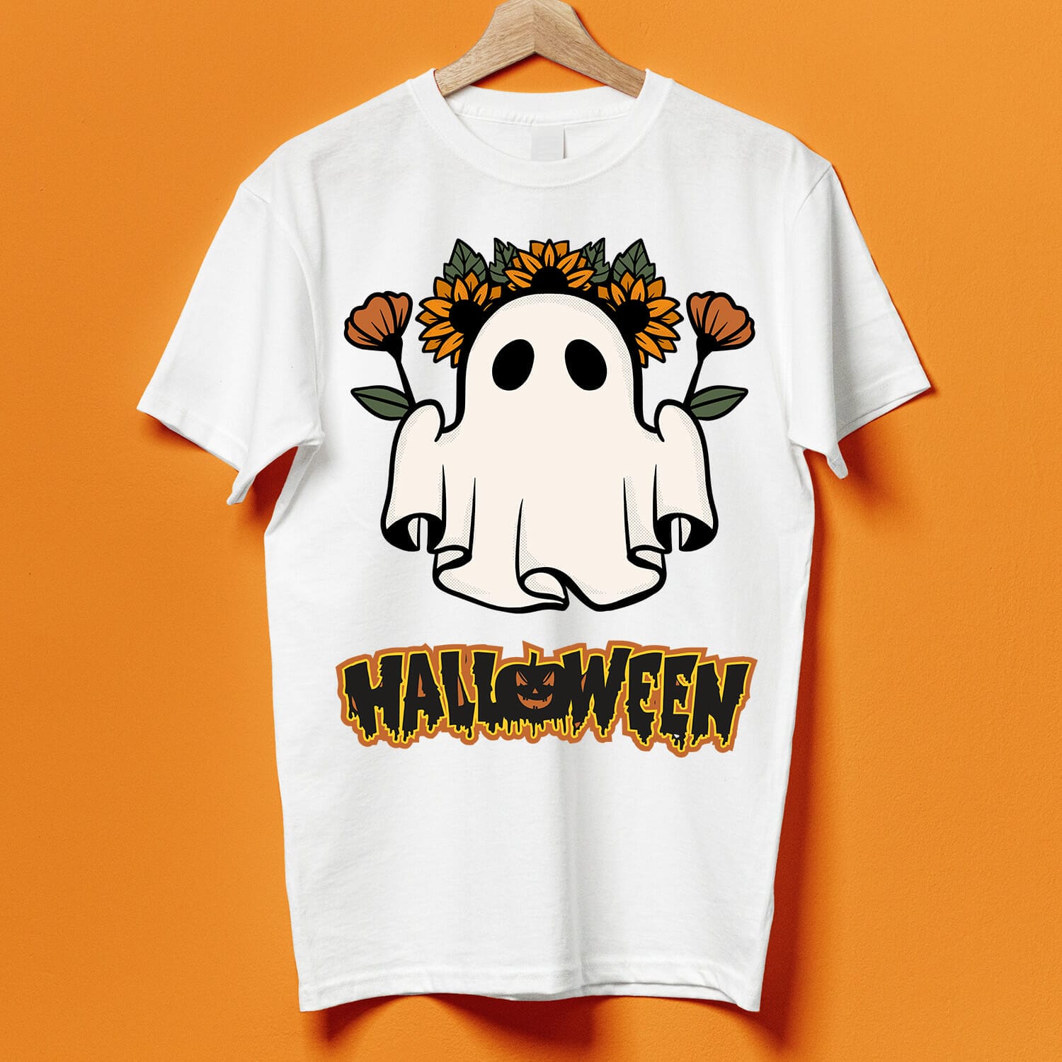 Ghost with Sunflowers Halloween T-shirt Design