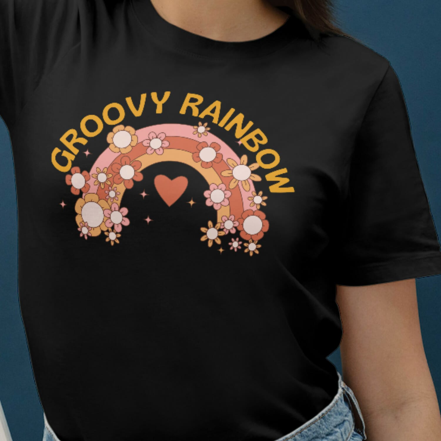 Groovy Rainbow With Heart T Shirt Design For Girls