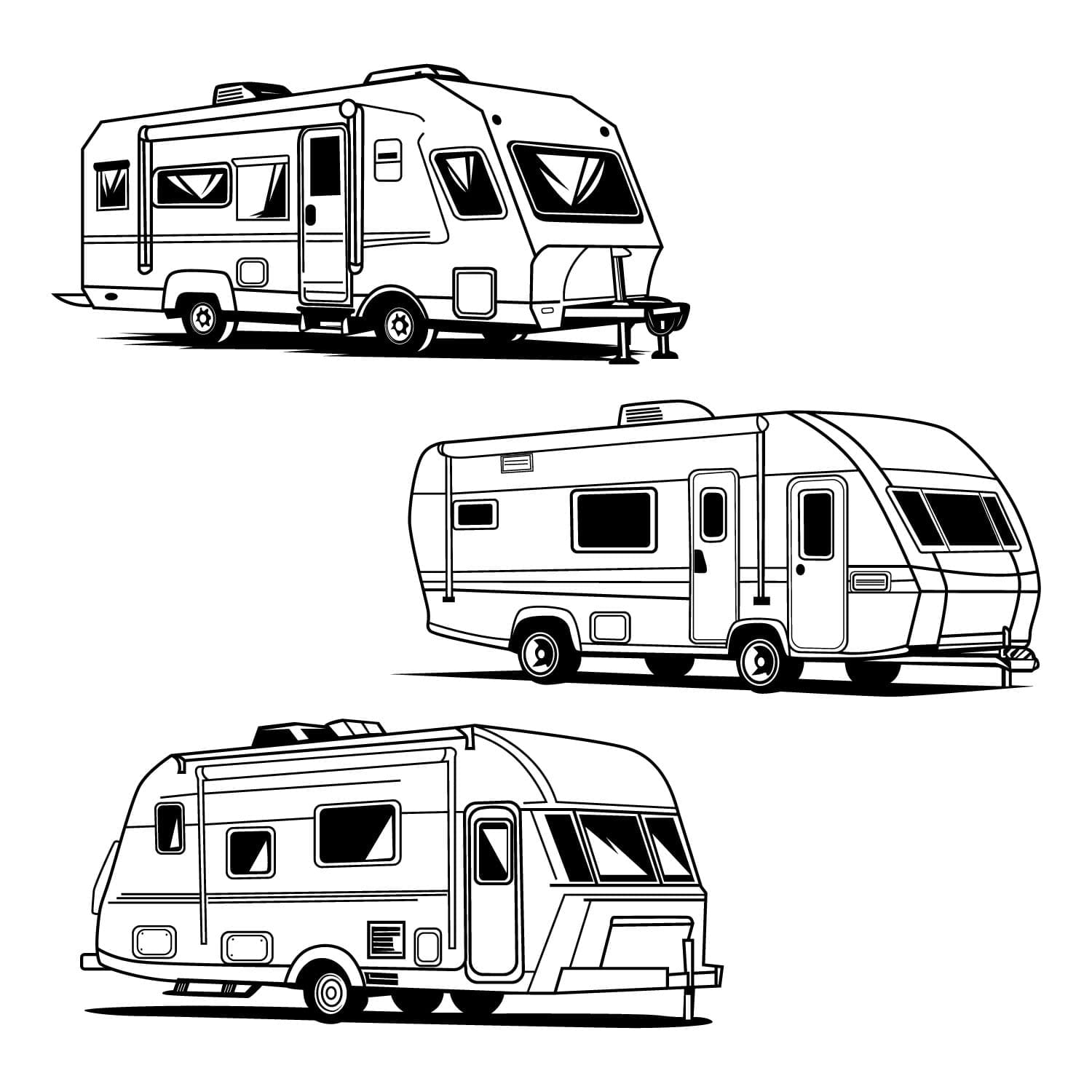 Set Of Camper Vans Silhouette - Vector Artwork 