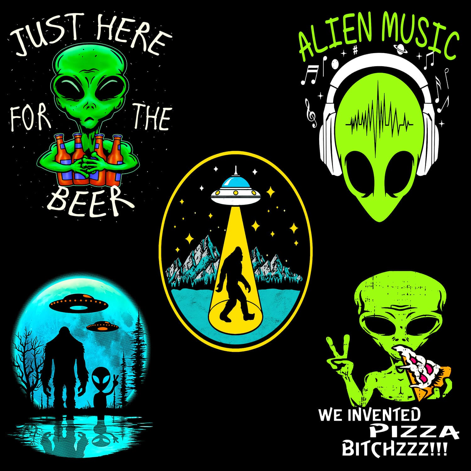 5 Aliens Tshirt Design Bundle