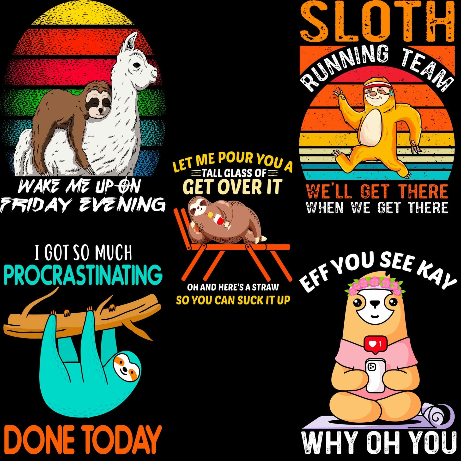 5 funny sloth tshirt design bundle