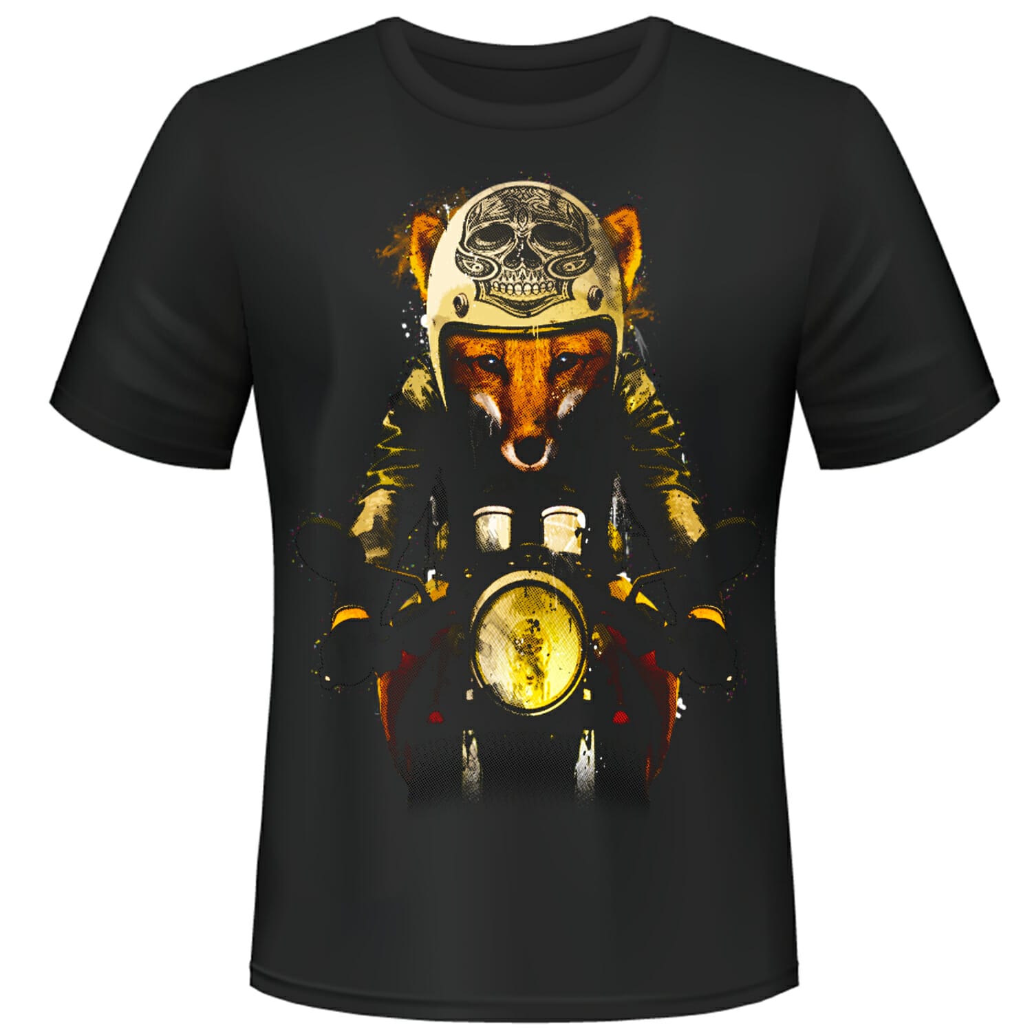 Get the unique 'Fox Riding A Motorbike' Halftone Free T-shirt Design – a perfect blend of wildlife and adventure for your wardrobe!