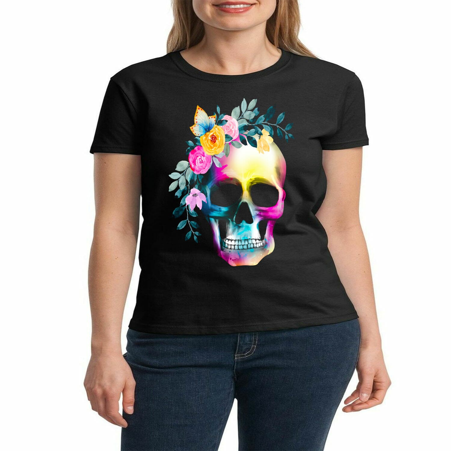 skull with water colour effect and flowers tshirt design