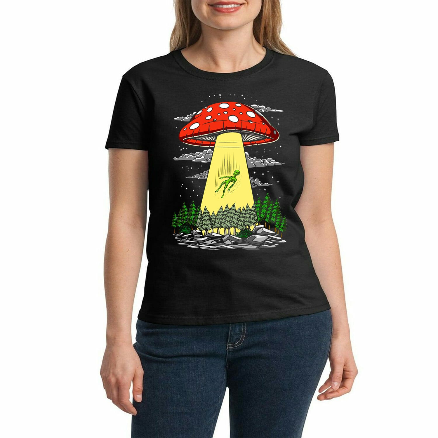 alien abducted by mushroom ufo - funny tshirt design