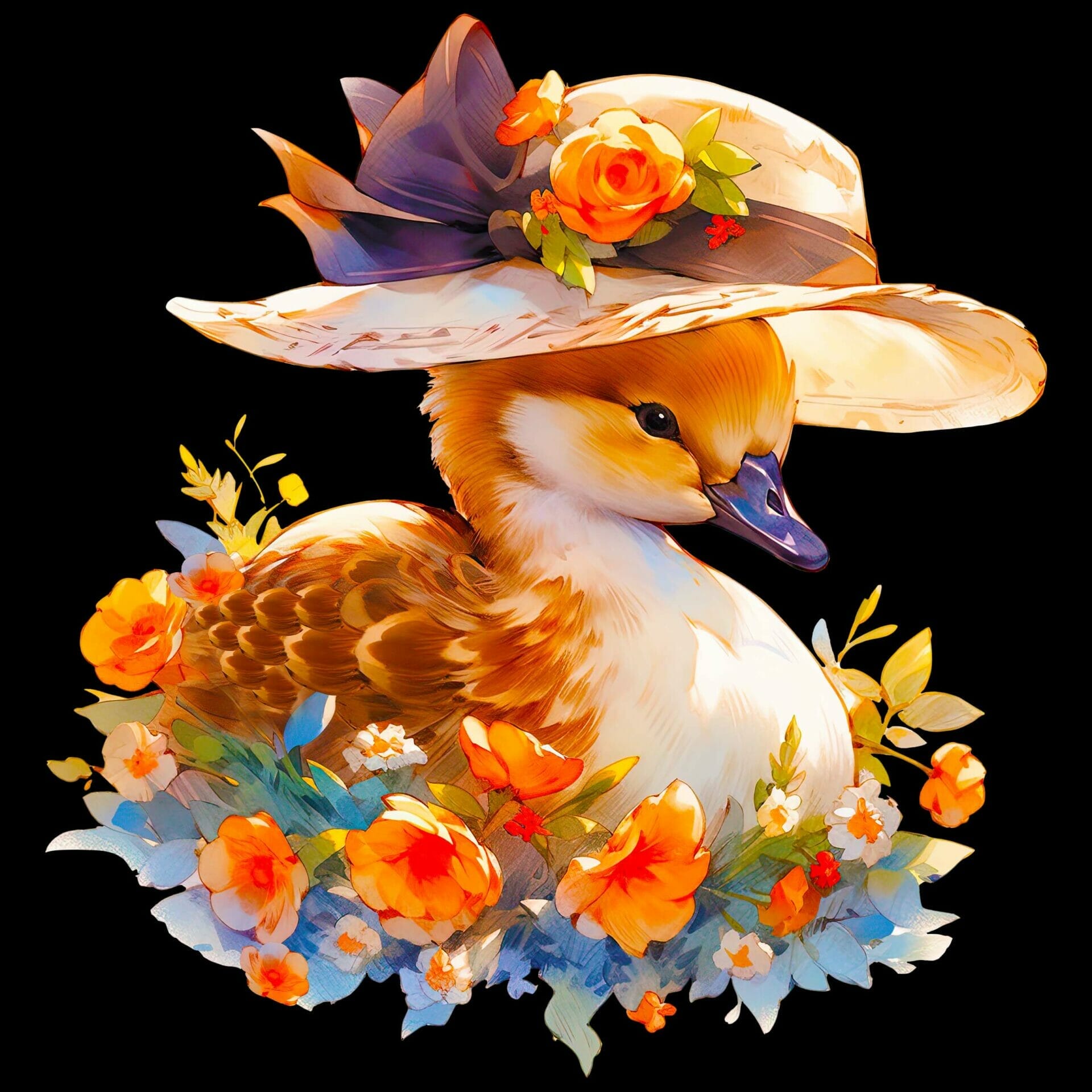 duck with victorian hat and flowers black version