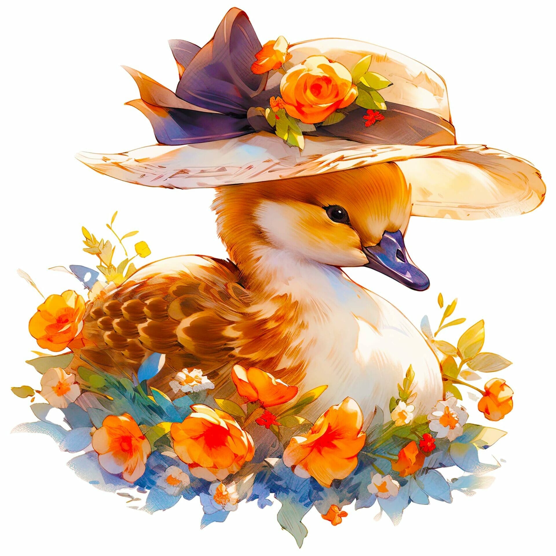 Duck with victorian hat and flowers white version design