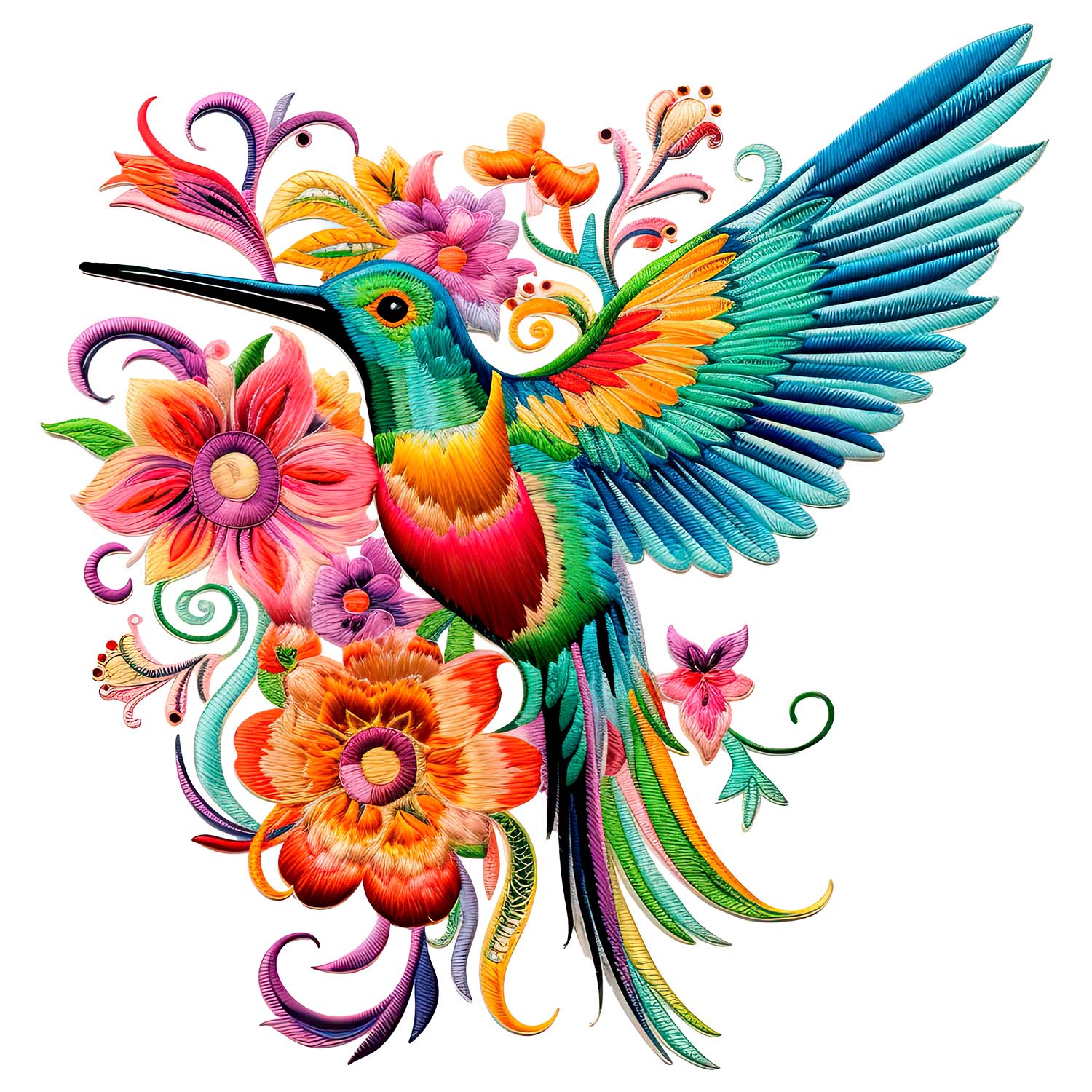 hummingbird and flowers with embroidery effect