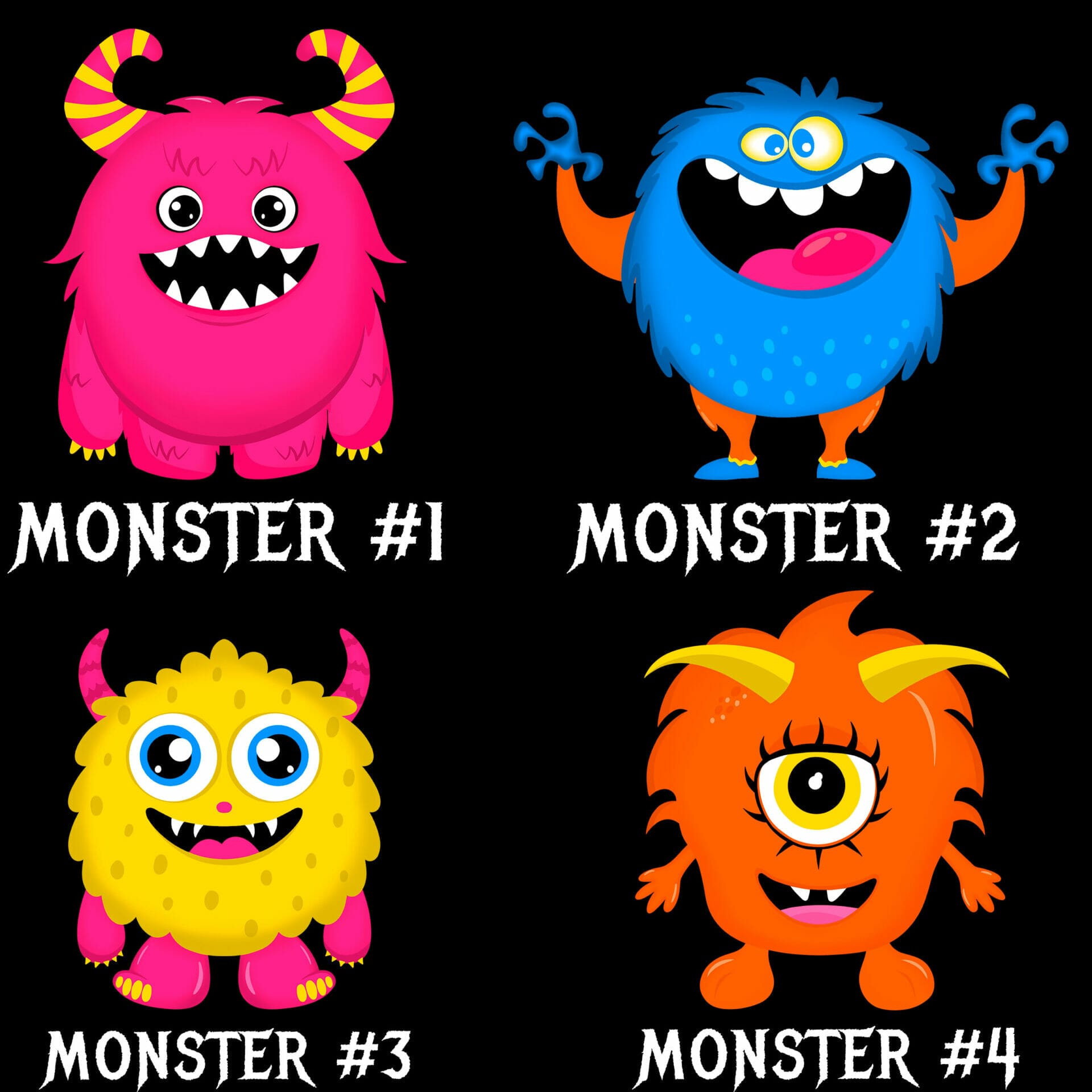 monster kids 4 characters tshirt design bundle