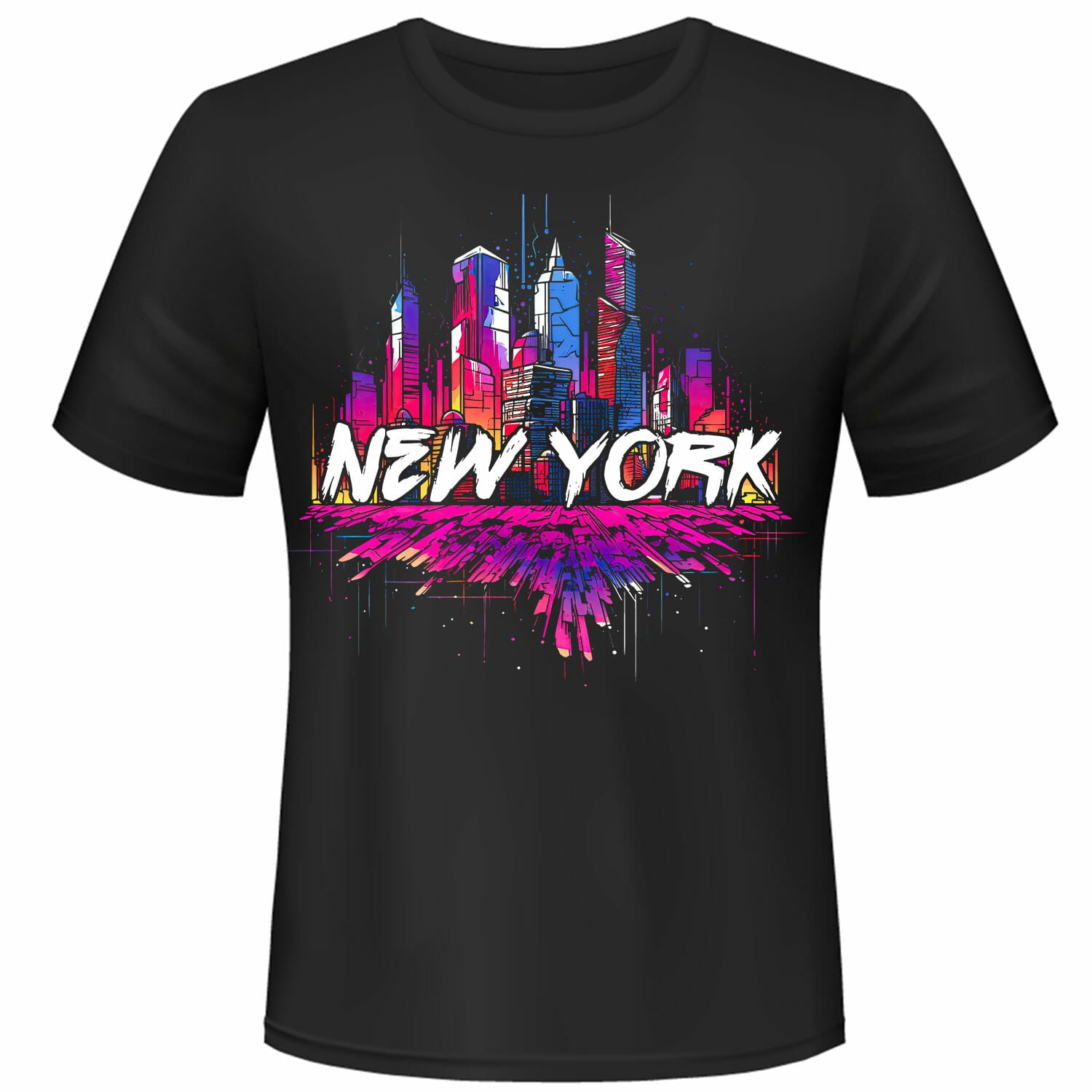 New York Skyline – Cyber Punk Colour Effect T Shirt Design For Free.