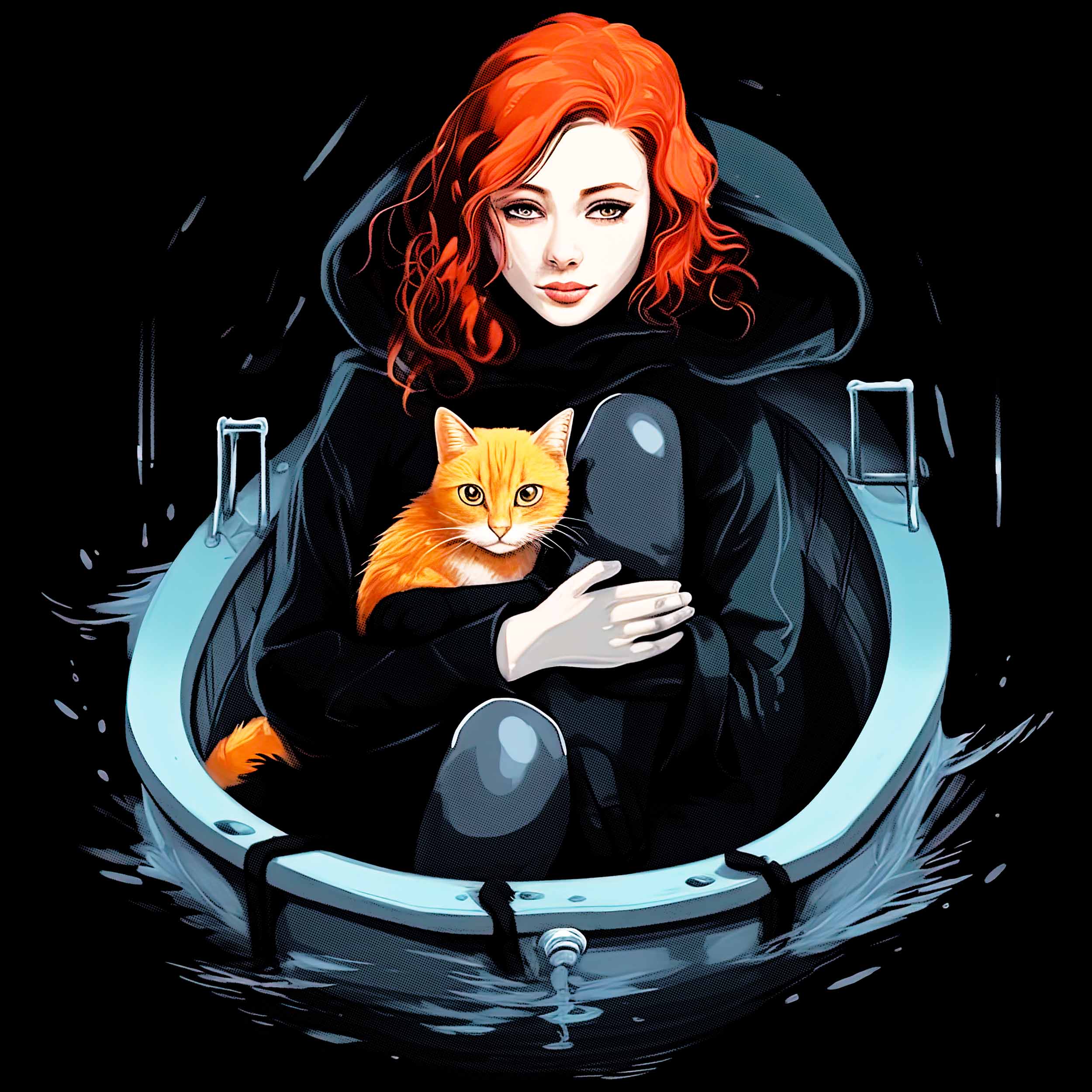 red haired girl with a cat on a boat tshirt design