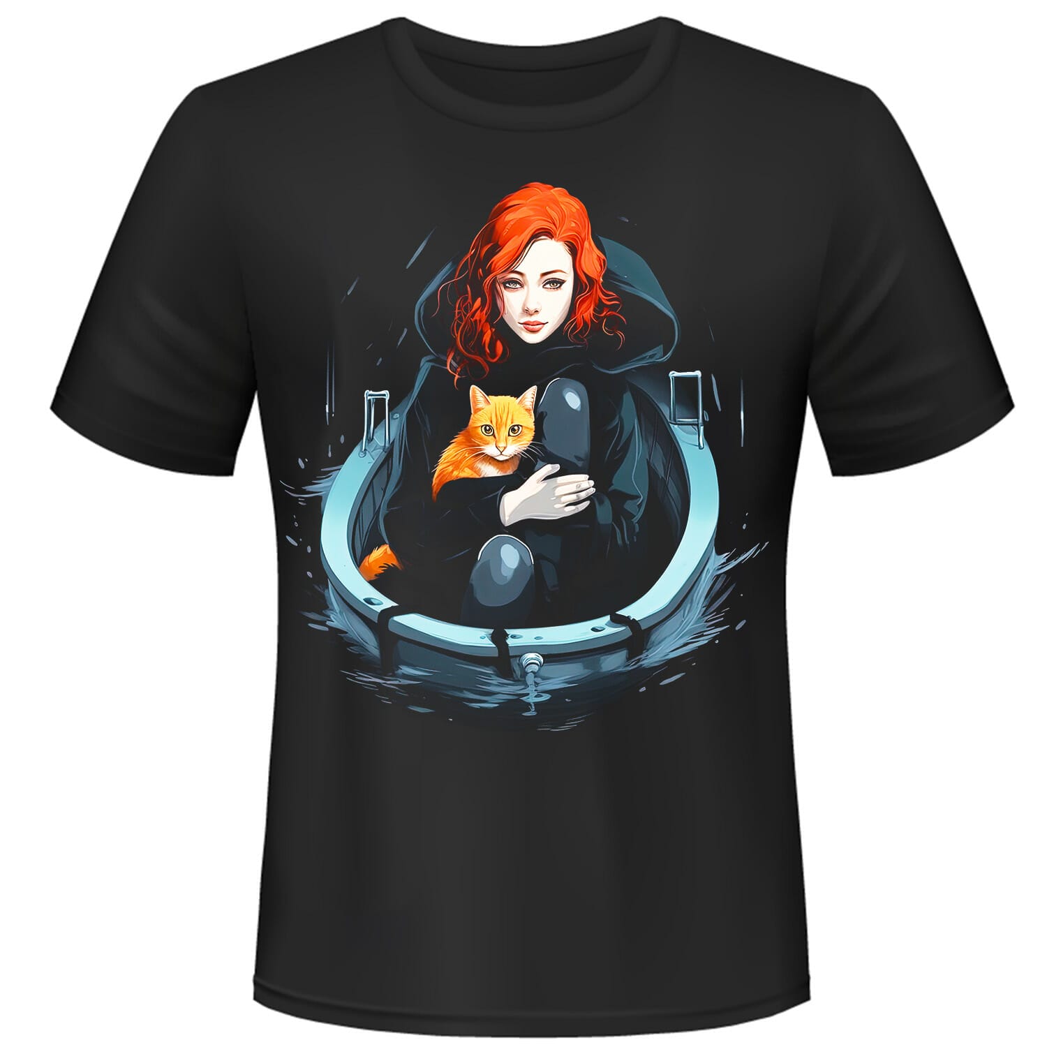 red-haired-girl-with-a-cat-on-a-boat T-shirt Design