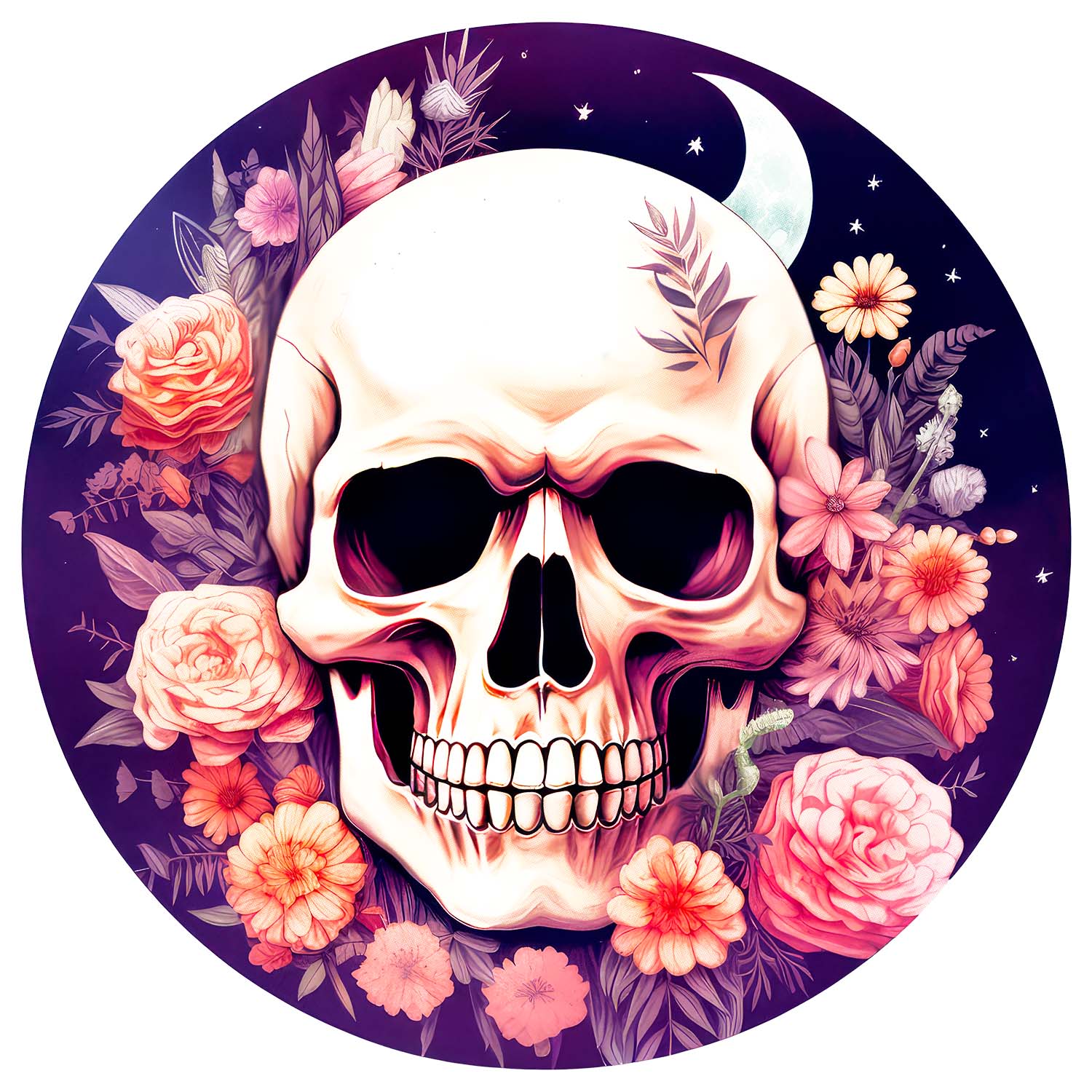 skull with flowers and moon in a circle tshirt design