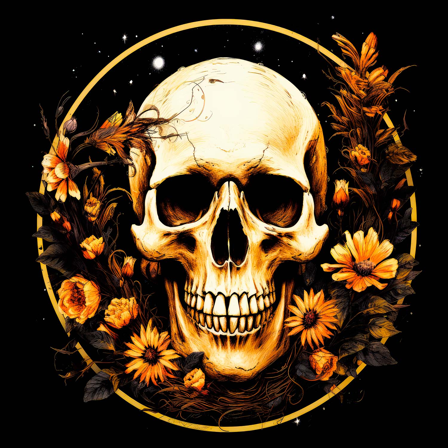 skull with flowers in a circle tshirt design