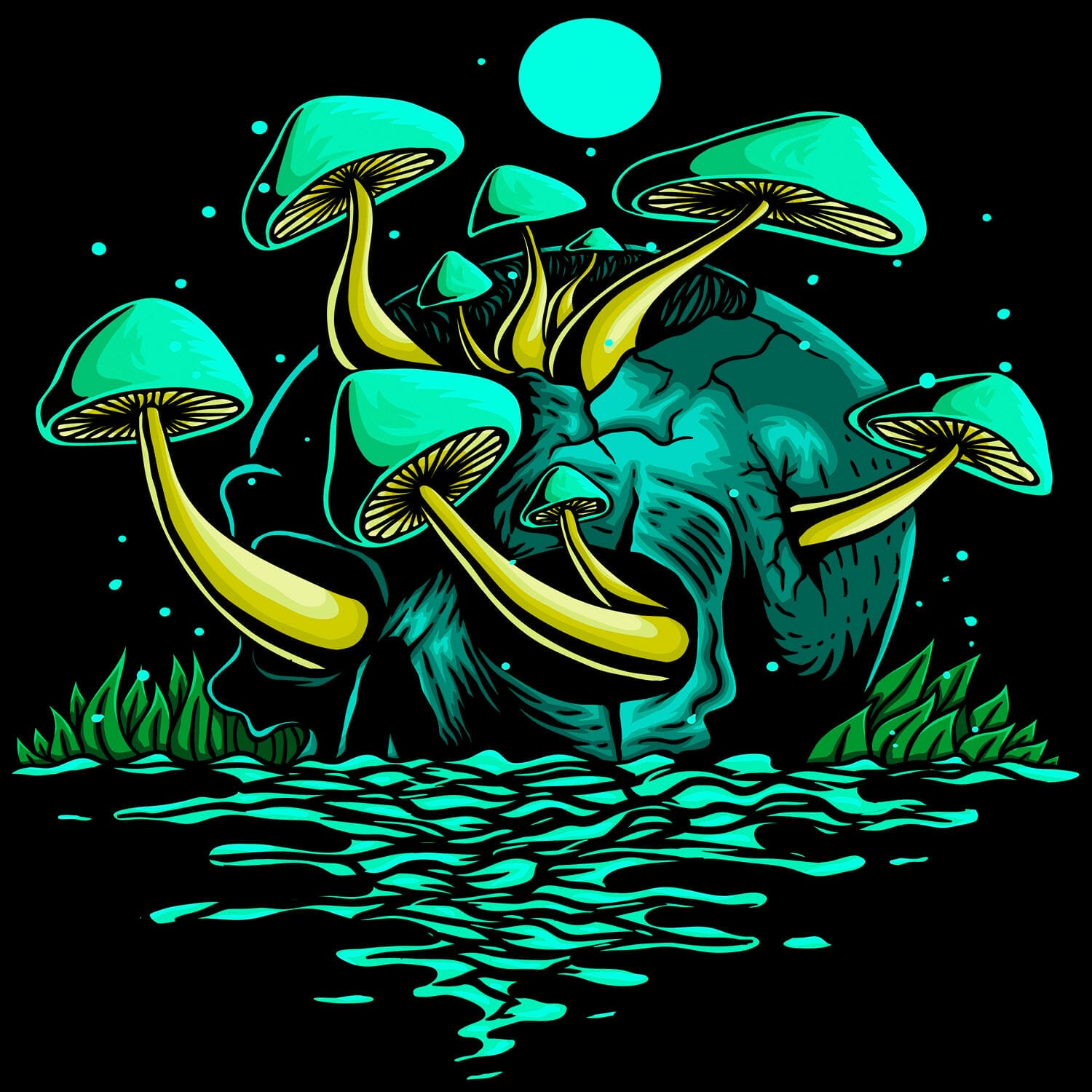 Mystical Mushrooms Growing Out Of A Skull TShirt Design.