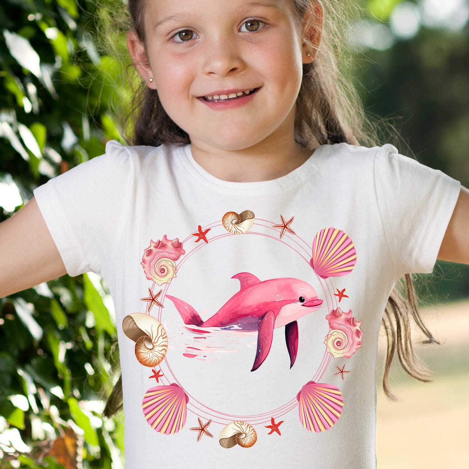 Pink Dolphin With Shell Wreath T-Shirt Design For Girls