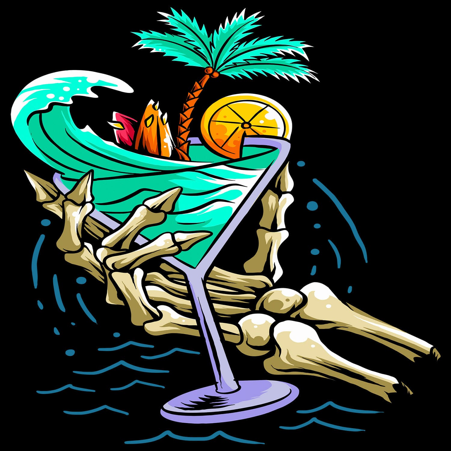 Skeleton Hand With Cocktail Glass TShirt Design.