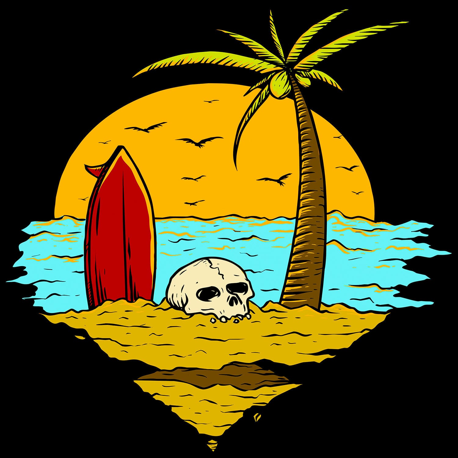 Skull On A Beach With A Surfboard T-Shirt Design.