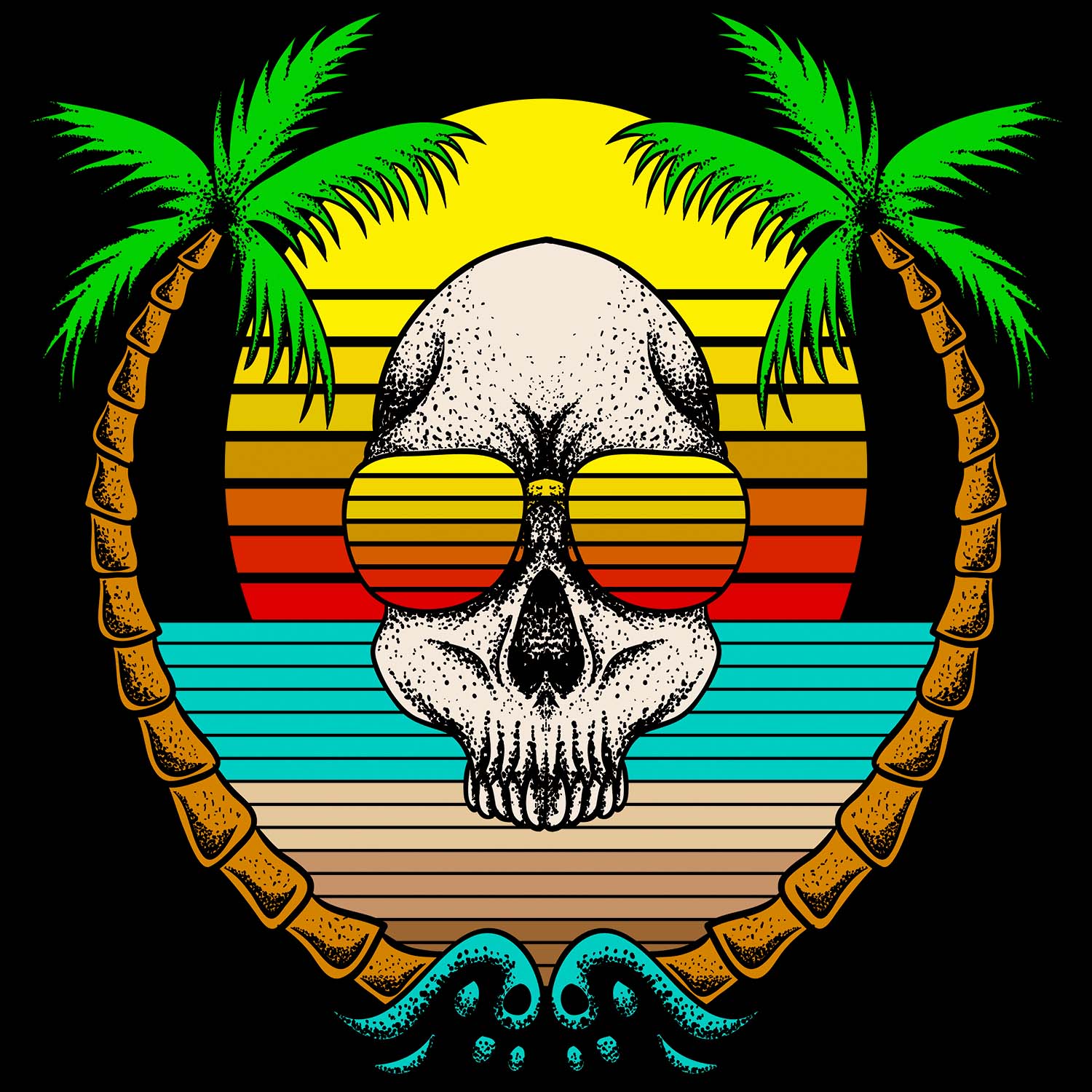 skull with glasses and palm trees retro style tshirt design