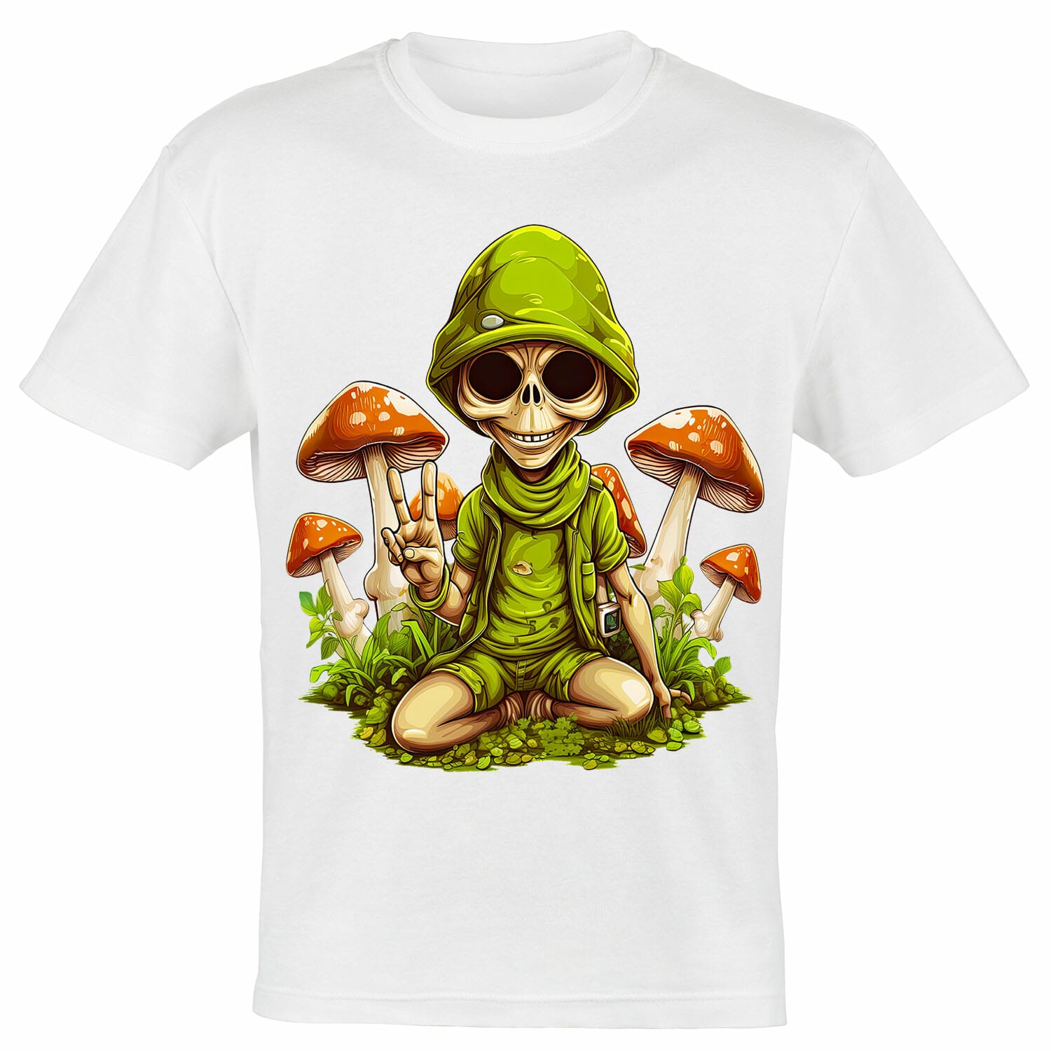 Alien With Victory Sign And Mushrooms T-shirt Design