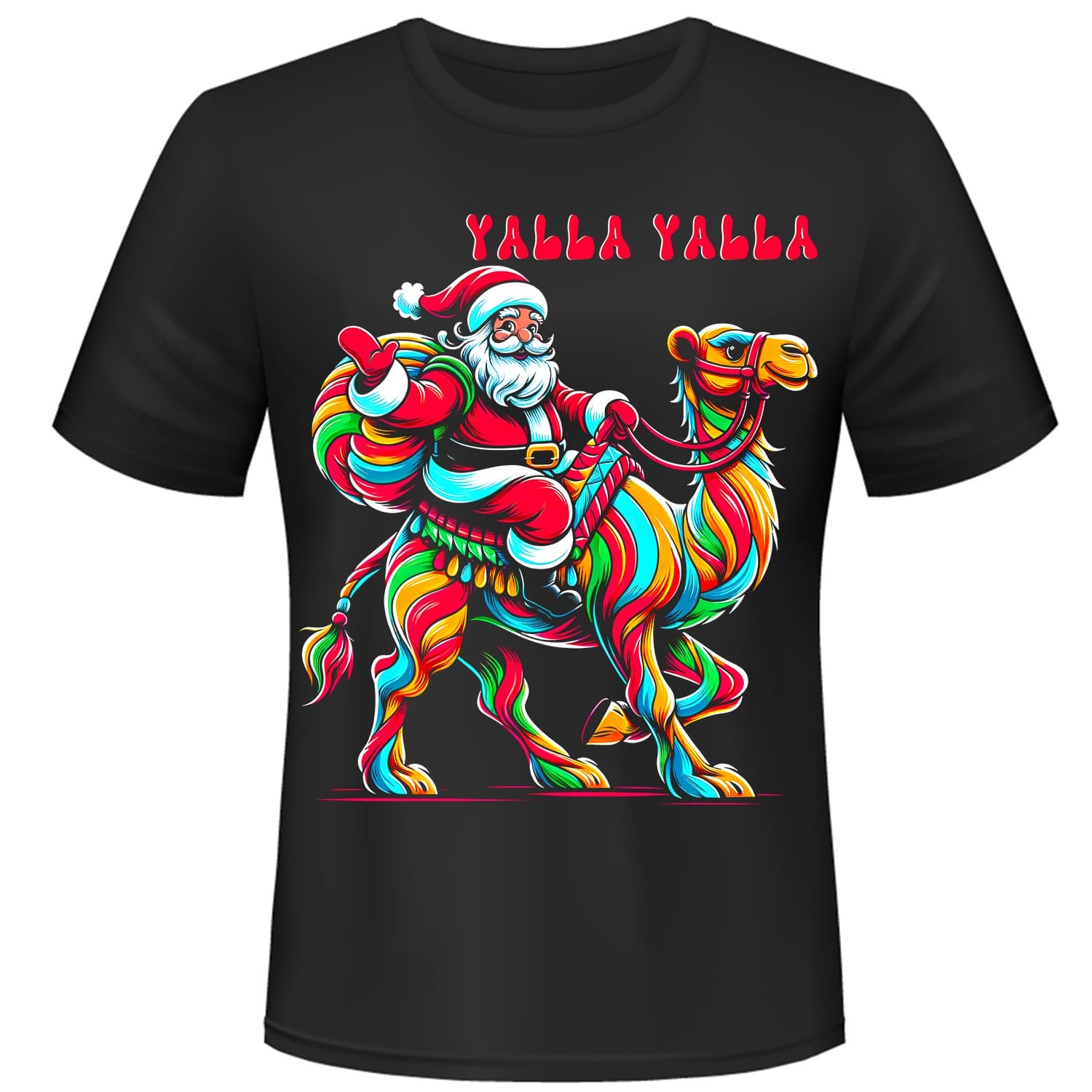 Santa On A Camel Saying Yalla Yalla funny t-shirt design